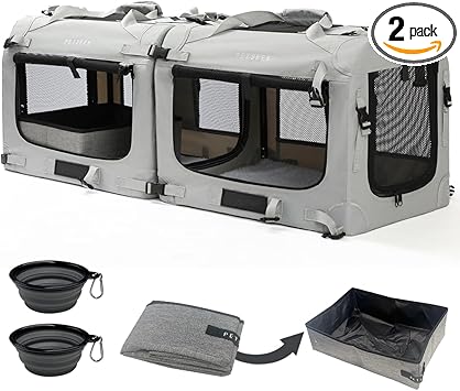 Extra Large Cat Carrier Soft Sided, Portable Small Dog Carrier for 2 Cats, 24"x16.5"x16" Car Travel Folding Comfortable Design with Litter Box and Bowls, Grey-2+ Litter Box+ Bowl*2
