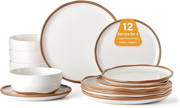 Lareina Plates and Bowls Set, 12 Pieces Farmhouse Ceramic Dinnerware Sets, Scratch Resistance, Dishwasher Microwave Safe, Vanilla White