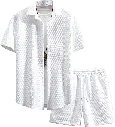 GORGLITTER Men's 2 Piece Outfits Waffle Knit Button Down Shirt Top and Shorts Set