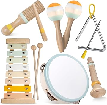 Baby Musical Instruments-Montessori Wooden Toys for Toddlers,Neutral Colors Percussion Instruments Set with Modern Boho Xylophone for Kids Preschool Educational (Neutral)