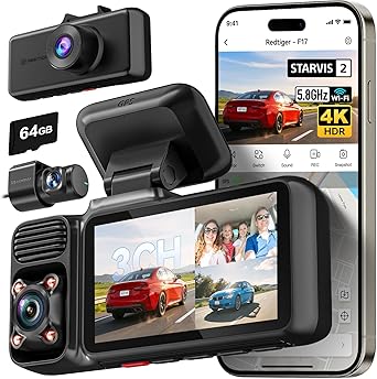 REDTIGER F17 4K 3 Channel Dash Cam, STARVIS 2 IMX675 HDR, 2160P+1080P+1080P Front Inside and Rear Triple Car Camera with 64GB Card, 5.8GHz WiFi GPS, IR Night Vision, G Sensor, WDR, Parking Mode