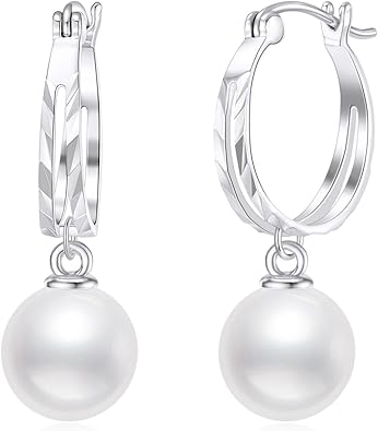 SISGEM 10k White Gold Freshwater Cultured Pearl Hoop Earrings for Women Dangle, Real 10 Karat Gold Jewelry Present for Her