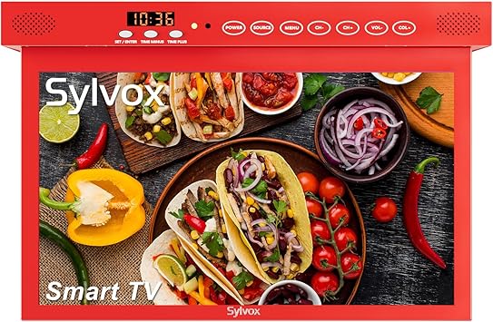 SYLVOX 15.6" Under Cabinet Smart TV – 360° Rotation, 90° Flip-Down Screen, Wireless Connectivity, Space-Saving Design for Kitchen, Bedroom, or RV. (Crimson)