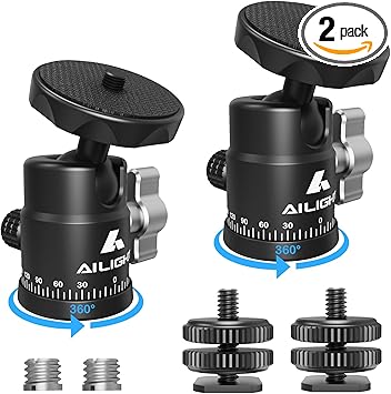 Ailight Mini Ball Head, 360° Panoramic Tripod Head, Universal 1/4" to 3/8" Screw Adapter Swivel Mini Ball Head Screw Tripod Mount, Dual Cold Shoe Mount for DSLR Cameras Camcorder（2 Pack