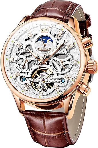 OLEVS Men's Watch Leather Skeleton Automatic Mechanical Tourbillon Calendar Moon Phase Luminous Waterproof Luxury Business Wristwatch