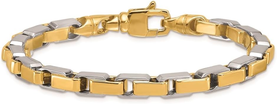 14k Two-Tone Gold Rectangular Fancy Link Chain Bracelet, Real Solid Gold Jewelry, Gift