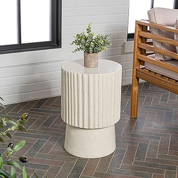 JONATHAN Y Louisa 19" Fluted Outdoor Accent Table, All-Weather Cream Terrazzo Pedestal Garden Stool, Small Round Side Table for Patio, Porch, and Living Room TBL1102B