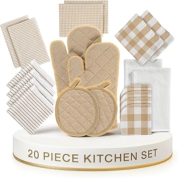 LANE LINEN 20 Piece Kitchen Linen Set - Soft Absorbent Cotton Dish Towels, Reusable Terry Dish Cloths, Flour Sack Towels for Baking, Quilted Oven Mitts & Pot Holders for Everyday Cooking - Beige