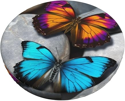 Colorful Butterfly Stone Round Stool Covers Non Slip Washable Stool Slipcover Elastic Bar Chair Covers for Barstool Padded Chair Slipcover 14 inch