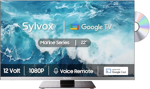 SYLVOX 12 Volt TV, 22" Smart Television with DVD Player Built in, 1080P Google OS ATSC NTSC WiFi Bluetooth HDMI USB, AC/DC Powered, 12V TV for RV Camper Boat Coastal Home (Marine Series)