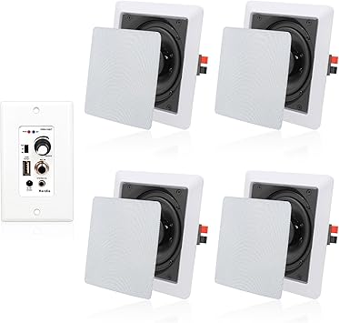 Herdio 5.25 Inches 2-Way Bluetooth Ceiling Speakers with 4 Channel Wall Amplifier, 320W Square in Wall Speaker System for Home Theater Office Kitchen, 2 Pairs