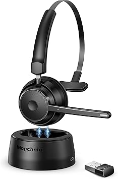 Mopchnic Bluetooth Headset, Wireless Headset with AI Noise-Canceling Microphone, On Ear Wireless Headset with USB Dongle for Work from Home Computer Office