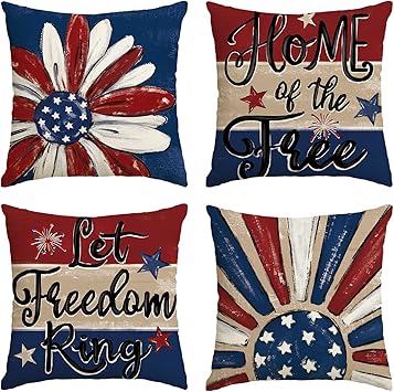 AVOIN colorlife Let Freedom Ring Stars Fireworks Red White Flower Throw Pillow Covers, 18 x 18 Inch 4th of July Patriotic Independence Memorial Day USA Flag Cushion Case for Sofa Couch Set of 4