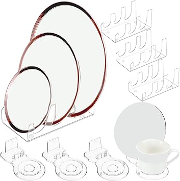 Domensi 8 Pcs Acrylic Dinnerware Display Stand 4 Pack 3 Tiers China Plate Display Stand Clear China Platters Setting Holder and 4 Pcs Tea Cup Saucer for Kitchenware Utensils Tableware Organizer