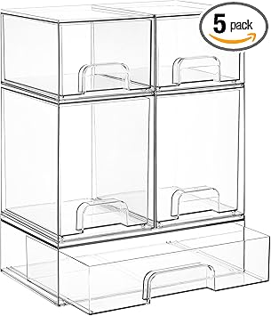 Vtopmart Stackable Storage Drawers Set of 5, Clear Plastic Organizer Bins for Baby Bottle, Beauty Supplies Storage, Ideal for Kichen Countertop, Vanity, Bathroom, Cabinet, Pantry Organization