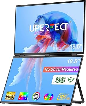 UPERFECT Delta Max 18.5" 100Hz Dual Portable Monitor for Laptop Screen Extender 1080P HDR 360° Folding Stacked Triple Monitor with Stand & VESA for Laptop PC Phone Game Console (No Driver Needed)