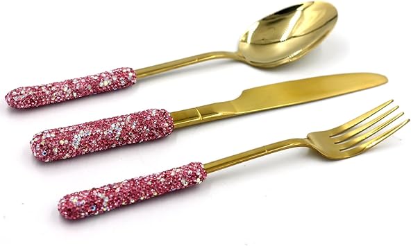4 Pcs Bling Silverware Set Rhinestone Crystal Stainless Steel Kitchenware Dinnerware Utensils, Spoon, Knife, Fork SET for Birthday Bridal Party Gift (Pink)