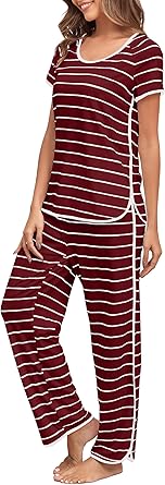 FKEEP Stripe Pajamas Set Women Two-Piece Nightwear Short Sleeve Sleepwear Soft Side Split Loungewear Pjs Sets