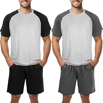 2 Sets Men's Pajamas Short Sleeve Pyjama Modal Sleepwear Shorts with Pockets Nightwear Soft Comfy Pjs Set
