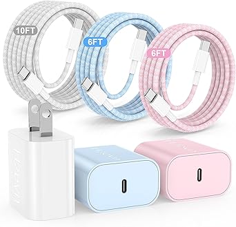 20W USB C Fast Charging for iPhone 17 Air/16/15 Pro Max,3Pack Colorful Mixed Charger Block with Braided Long USB C to C Cables (6/6/10ft) Compatible with iPhone16/15 Pro/15 Plus/iPad Pro
