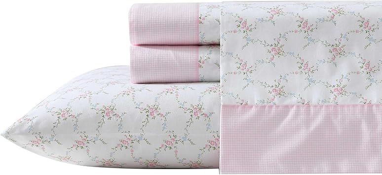 Laura Ashley – Queen Size Sheet Set, Crisp & Lightweight Cotton Percale Bedding with Fitted Sheet and Pillowcases, Floral Room Decor, Deep Pocket, College Dorm Room Essentials (Lynda Pink)