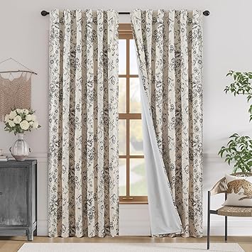 jinchan Blackout Floral Curtains for Living Room Bedroom Linen Blend Curtain Farmhouse Black Printed with Lined Back Tab Rod Pocket Drapes Window Treatments 2 Panels 84 Inch