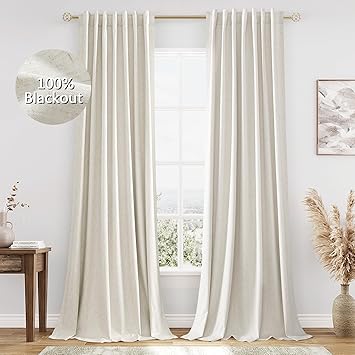 Guken 100% Blackout Linen Curtains for Bedroom 90 Inches Long Natural Cream Black Out Curtain Back Tab Thermal Insulated Room Darkening Window Drapes for Living Dining Room 2 Panels Beige Ivory 52x90