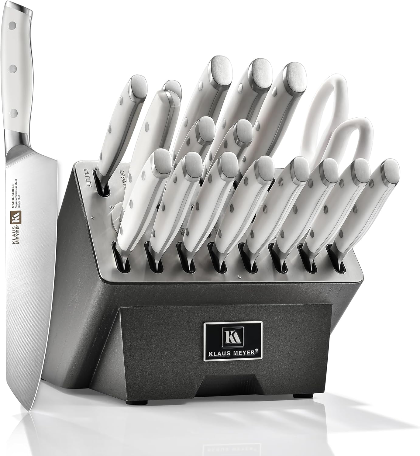 Klaus Meyer 19-Piece Knife Block Set with Sharpener, High Carbon German Stainless Steel (Stahl), Full-Tang Handles, Kitchen Knife Set (Black)