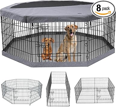 PETIME Foldable Metal Dog Exercise Pen/Pet Puppy Playpen Kennels Yard Fence Indoor/Outdoor 8 Panel 24" W with Top Cover and Bottom Pad (Playpen+Bottom+Top Cover, 8 Panels 24" H)