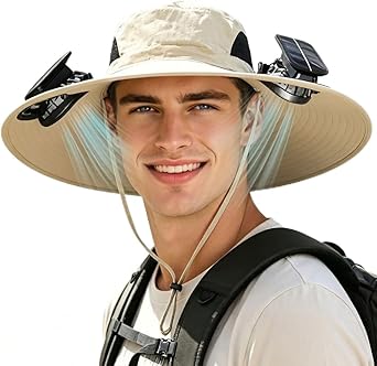Men Sun Hat with 2 Solar Fan UPF 50+ Fishing Hats Wide Brim UV Protection Sun Hat, USB Charging
