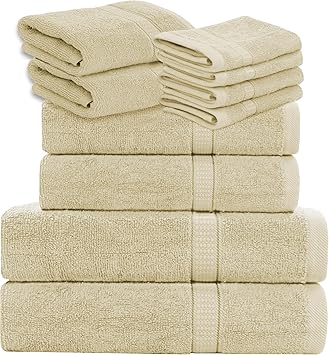 GOLD TEXTILES Luxury 10 Piece Towel Set, (Bath Towel 27x54, Hand Towel 16x30, Washcloth 13x13, Pool Towels 24x50) Ultra-Plush Absorbent Cotton Towels for Bathroom (Sand, 10 Piece Towel Set)