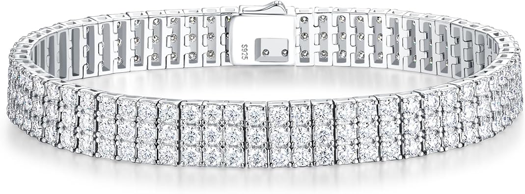 FANCIME Moissanite Tennis Bracelet 11.88 Carats 3-Row 925 Sterling Silver Tennis Bracelet 2.5 mm D Color VVS1 Round Cut Moissanite Bracelet for Women 7.5"