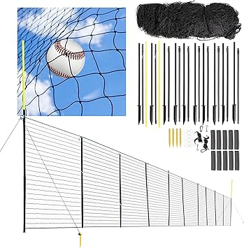 100 FT Baseball Fence with Foul Poles – 5 FT Tall Portable Netting Fence System with Anchors | Mini Baseball & Softball Field for Backyard | Easy Setup | 12-Month Warranty
