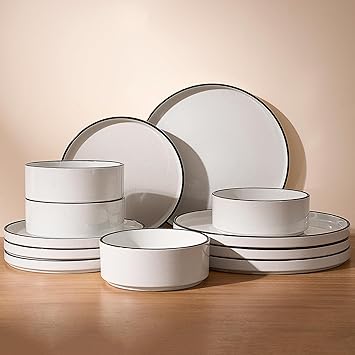 Famiware Nebula Plates and Bowls Sets for 4, 12 Pieces Stoneware Dinnerware Set, Microwave and Dishwasher Safe Dishes Set, White with Black Rim