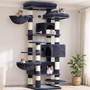 Hey-brother Cat Tree, 74 inches Multi-Level XL Large Cat Tower for Indoor Cats with Three Cat Condos, Two Large Top Decks and Cat Hairbrushfor Kittens, Cats and Pets, Smoky Gray MPJ035-MG