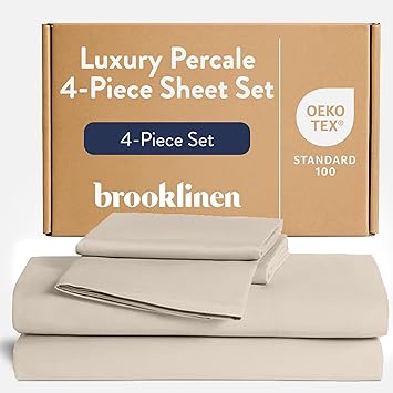 Brooklinen Luxury Percale Sheet Set - 4 Piece 100% Cotton Bed Sheets - 1 Fitted & 1 Flat Sheet, 2 Pillowcases - Cotton Percale Sheets for Hot Sleepers (King Size, Beige)