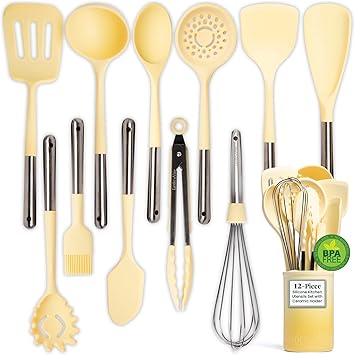 Larder & Vine 12-Piece Silicone Kitchen Cooking Utensils Set with Stainless Steel Handle and Ceramic Holder, Dishwasher Safe Set of Kitchen Essentials (Limoncello)