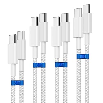 USB C to C Charging Cable,4-Pack[3+6+6+10FT] Nylon Braided Fast Charging Cable, 60W Type C Charger Power Cord for iPhone 17 16 15 Pro Max,Samsung Galaxy S26 Ultra S26+ S25 24,iPad Pro/Air and More