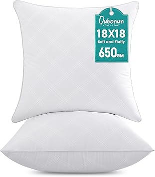 Oubonun 18x18 Inches Pack of 2 Throw Pillows Inserts, White Square Cushion Inner Soft Fluffy Plump Stuffer Pillows Inserts for Sofa Bed Couch