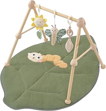 4-in-1 Wooden Baby Play Gym & Activity Mat, Soft Cotton Tummy Time Mat for Babies 0+,with 3 Detachable Toys for Sensory & Motor Skill Development,Newborn Infant Baby Essentials Gift,Leaf
