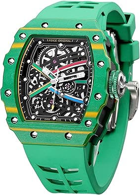 FEICE FM603 Watches for Men Automatic Skeleton Watch Men's Vintage Automatic Mechanical Skeleton Waterproof Watch Silicone Strap Sport Luminous Analog Unique Business Wristwatch for Men Green，Gifts Me