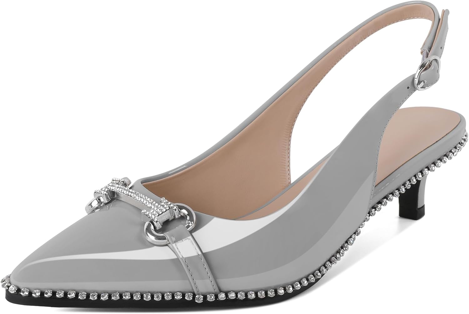 Soireelady Womens Slingback Kitten Heels Low Heel Rhinestones Beaded Pumps Closed Pointed Toe Slip On Party Fashion Dress Shoes 1.5 Inches