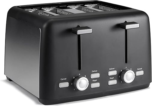 Amazon Basics 4 Slice Toaster, 7 Browning Settings, Extra Wide Slots for Bagels and Specialty Breads, Removable Crumb Tray, Cancel/Defrost/Bagel Buttons, 1500W, Black & Silver