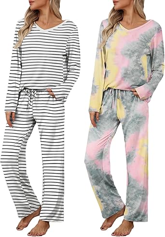 Ekouaer Womens 2 Pack Pajama Set Long Sleeve Pajamas Top and Pants V Neck Pjs Set Soft Loungewear with Pockets
