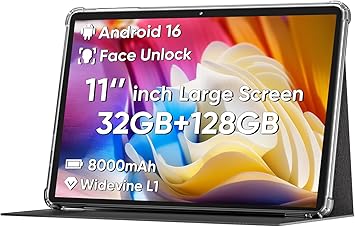 COLORROOM 2026 Android 16 Tablet 11inch, Face Unlock, 18W Fast Charging, 32GB+128GB+1TB Expand, Octa-core CPU, 8000mAh Large Battery, WiFi6, Touchscreen Display, Widevine L1 Tableta, Black