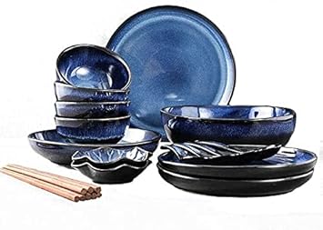 Stylish Dinner Set for Luxury Restaurant and Home, Dinnerware Set Japanese Blue Tableware Set Retro Household Bowl Dish Rice Bowl Porcelain Dishes Set, Service for 4 Kitchenware