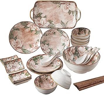 Stylish Dinner Set for Luxury Restaurant and Home, 20 Pcs Dinnerware Sets, Porcelain Tableware Set with Plates Bowls and Dish, Floral Pattern Ceramic Dinner Set for Home Kitchen Kitchenware