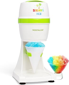 Nostalgia Snow Cone Machine With 1 Reusable Plastic Cup & Dual Ice Molds– Retro Table-Top Shaved Ice Maker with Stainless Steel Blades for Fluffy Ice- Slushie Machine for Fun Gatherings- White & Green