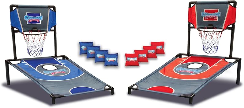Sports Basketball Net Cornhole Board Set, Basketball & Cornhole in One, Includes 8 Red/Blue Bean Bags, Convenient Carrying Case, Tailgating Fun