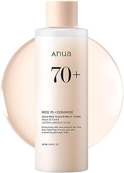 Anua Rice 70 Glow Milky Toner, Glass & Dewy Skin, Hydrating & Barrier Care, Rice Water, Niacinamide, Ceramides, All Skin Types, Fragrance-Free, Non Comedogenic, Korean Skincare, 8.45 fl.oz.